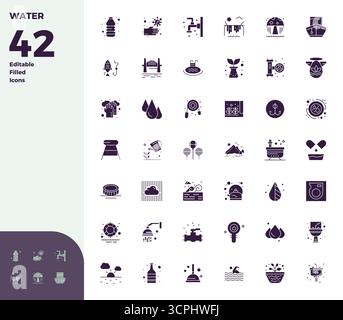State-of-the-art bundle featuring 42 PIXEL perfect vector icons inspired by Water, created in Glyph Filled format at 128x128 for next-generation inter Stock Vector