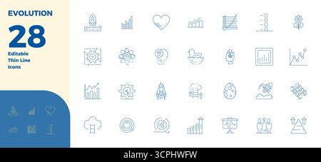 Perfectly balanced 28 Thin Line PIXEL perfect vector icons for Evolution, sized at 128x128 for harmonious integration in digital design projects. Stock Vector