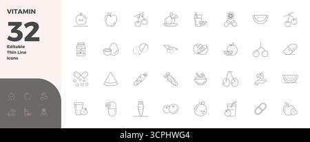 This Vitamin vector icon pack includes 32 Thin Line designs in 128x128 PIXEL perfect format, perfect for enhancing digital interfaces. Stock Vector