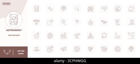 Professional-grade collection of 32 Thin Line vector icons representing Astronomy, crafted with 128x128 PIXEL perfect precision for enterprise applica Stock Vector