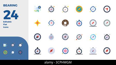 A versatile set of 24 Flat PIXEL perfect vector icons focused on Bearing, delivered in crisp 128x128 format ideal for mobile and web applications. Stock Vector