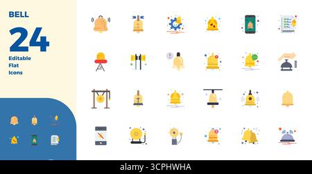 Curated pack of 24 128x128 vector icons in Flat design, centered around Bell concepts with PIXEL perfect clarity. Stock Vector