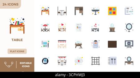 Download 24 scalable Flat Color vector icons designed for Table, featuring PIXEL perfect 128x128 resolution suitable for professional and creative pro Stock Vector
