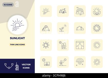 Thoughtfully designed 16 vector icons themed around Sunlight, crafted in Thin Line with 128x128 PIXEL perfect precision for contemporary design needs. Stock Vector