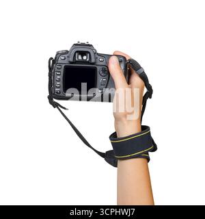 Hand Holding Photo Camera Isolated on White Background Stock Photo