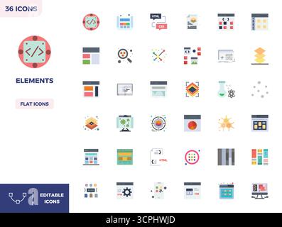 Revolutionary set of 36 PIXEL perfect vector icons inspired by Elements, created in Flat Color format at 128x128 resolution for cutting-edge design. Stock Vector
