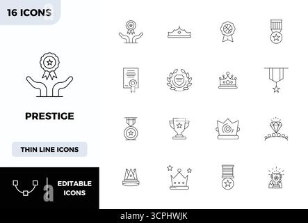 High-performance collection of 16 Minimal Line vector icons for Prestige, engineered with 128x128 PIXEL perfect resolution for optimal user interface Stock Vector
