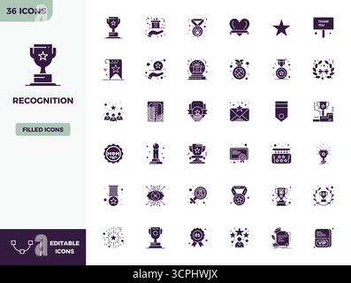 Masterfully created 36 vector icons representing Recognition in Filled design, featuring 128x128 PIXEL perfect resolution for exceptional visual quali Stock Vector