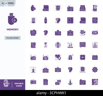 Handcrafted collection featuring 42 Filled vector icons for Memory, optimized in 128x128 PIXEL perfect resolution for premium digital experiences. Stock Vector