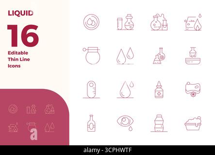 Enhance your projects with 16 Thin Line vector icons themed around Liquid, featuring 128x128 PIXEL perfect resolution ideal for clean and professional Stock Vector