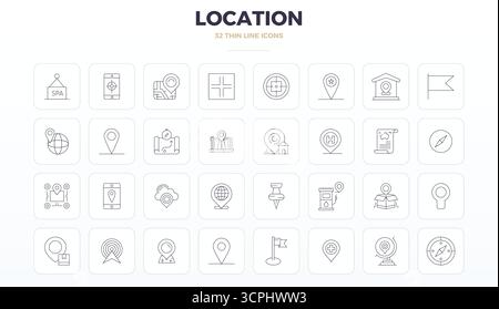 Refined bundle featuring 32 Thin Outline vector icons for Location, optimized with 128x128 PIXEL perfect quality for elegant and functional design sol Stock Vector