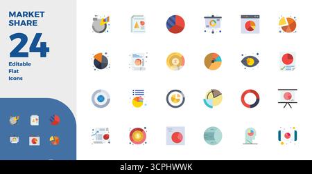 Revolutionary set of 24 PIXEL perfect vector icons inspired by Market Share, created in Flat format at 128x128 resolution for cutting-edge design. Stock Vector