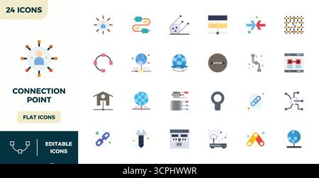 Download 24 scalable Flat Color vector icons designed for Connection Point, featuring PIXEL perfect 128x128 resolution suitable for professional and c Stock Vector