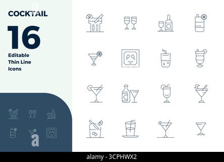 Comprehensive toolkit of 16 vector icons themed around Cocktail, developed in Thin Line with 128x128 PIXEL perfect precision for versatile design appl Stock Vector