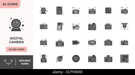 Expertly designed 24 Filled PIXEL perfect vector icons for Digital Camera, engineered at 128x128 resolution for flawless integration and performance. Stock Vector