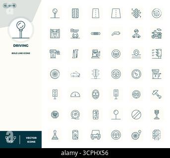 Exclusive collection of 42 Bold Line vector icons for Driving, developed with 128x128 PIXEL perfect resolution for premium brand experiences. Stock Vector