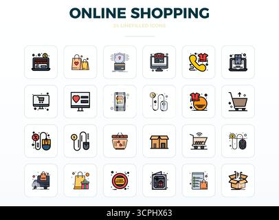 Refined bundle featuring 24 LineFill vector icons for Online Shopping, optimized with 128x128 PIXEL perfect quality for elegant and functional design Stock Vector