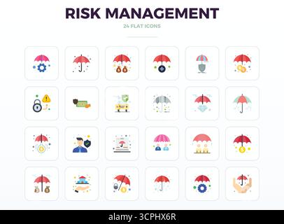 This set of 24 Minimal Flat vector icons captures Risk Management themes in 128x128 PIXEL perfect quality, perfect for tech and business applications. Stock Vector