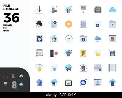 Handcrafted collection featuring 36 Flat vector icons for File Storage, optimized in 128x128 PIXEL perfect resolution for premium digital experiences. Stock Vector