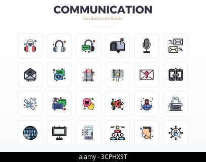 Carefully curated 24 LineFill vector icons for Communication, featuring 128x128 PIXEL perfect resolution for consistent brand representation and user Stock Vector