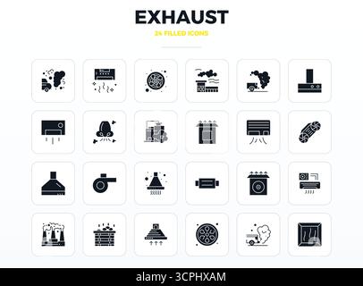 Thoughtfully designed 24 vector icons themed around Exhaust, crafted in SolidFill with 128x128 PIXEL perfect precision for contemporary design needs. Stock Vector