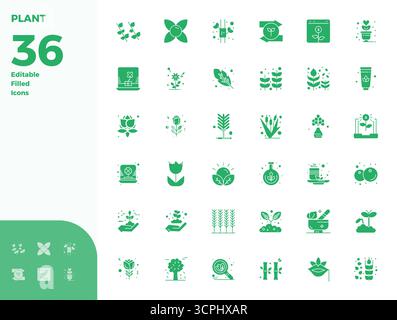 Complete package of 36 vector icons themed around Plant, showcasing Glyph Filled design in 128x128 PIXEL perfect quality for modern interfaces. Stock Vector