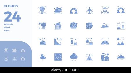 Carefully curated 24 Glyph Filled vector icons for Clouds, featuring 128x128 PIXEL perfect resolution for consistent brand representation and user exp Stock Vector