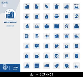 Essential pack of 42 PIXEL perfect vector icons for Merchandise in Filled format, sized at 128x128 for optimal performance and scalability. Stock Vector