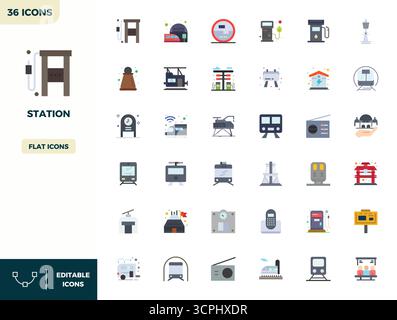 Distinctive pack of 36 PIXEL perfect vector icons inspired by Station, crafted in Flat Color format at 128x128 for memorable brand experiences. Stock Vector