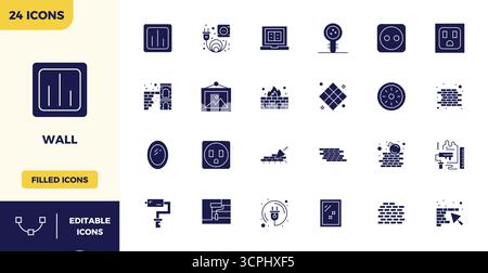 Premium collection of 24 Filled vector icons for Wall, meticulously crafted in 128x128 PIXEL perfect resolution for superior visual impact. Stock Vector