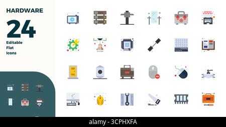 Download 24 scalable Flat vector icons designed for Hardware, featuring PIXEL perfect 128x128 resolution suitable for professional and creative projec Stock Vector