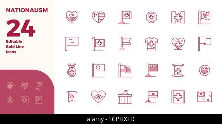 Expertly designed 24 Bold Line PIXEL perfect vector icons for Nationalism, engineered at 128x128 resolution for flawless integration and performance. Stock Vector