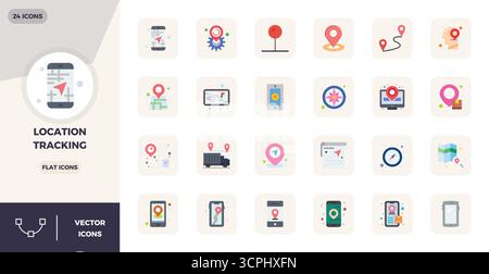 Beautifully rendered 24 Flat PIXEL perfect vector icons for Location Tracking, created at 128x128 resolution for stunning visual consistency across pl Stock Vector