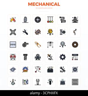 Advanced collection of 36 PIXEL perfect vector icons inspired by Mechanical, crafted in LineFill with 128x128 optimization for superior visual perform Stock Vector