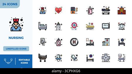 Thoughtfully designed 24 vector icons themed around Nursing, crafted in Flat Lineal Color with 128x128 PIXEL perfect precision for contemporary design Stock Vector