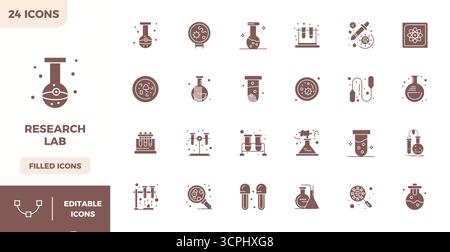 Distinctive pack of 24 PIXEL perfect vector icons inspired by Research Lab, crafted in Filled format at 128x128 for memorable brand experiences. Stock Vector
