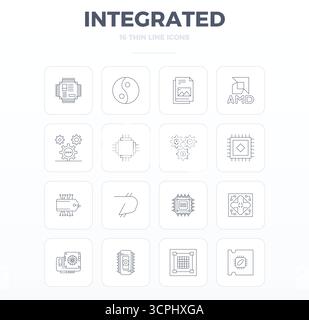 Masterfully created 16 vector icons representing Integrated in Thin Outline design, featuring 128x128 PIXEL perfect resolution for exceptional visual Stock Vector