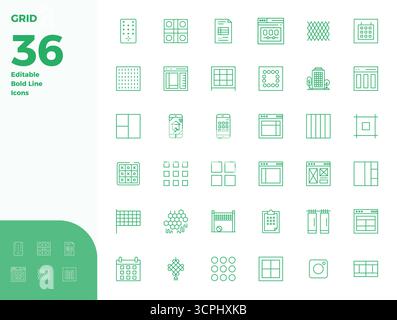 Precision-engineered 36 Bold Line vector icons for Grid, designed at 128x128 PIXEL perfect resolution for exceptional clarity and scalability. Stock Vector