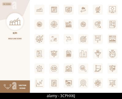 A clean collection of 36 Bold Line vector icons representing Kpi, designed in 128x128 PIXEL perfect format for modern dashboards and interfaces. Stock Vector