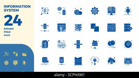 Vector pack with 24 Glyph Filled PIXEL perfect icons inspired by Information System, delivered in 128x128 resolution ideal for scalable and creative d Stock Vector