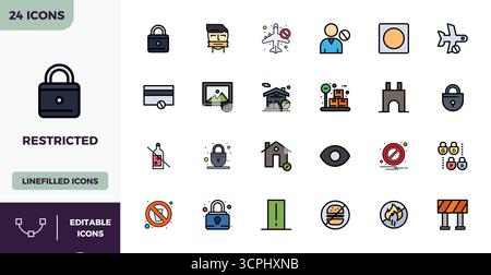 Expertly designed 24 Flat Lineal Color PIXEL perfect vector icons for Restricted, engineered at 128x128 resolution for flawless integration and perfor Stock Vector