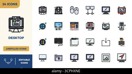 Premium collection of 24 Flat Lineal Color vector icons for Desktop, meticulously crafted in 128x128 PIXEL perfect resolution for superior visual impa Stock Vector