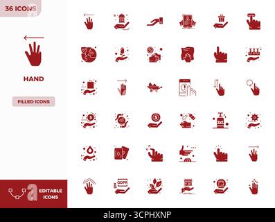 Thoughtfully designed 36 vector icons themed around Hand, crafted in Filled with 128x128 PIXEL perfect precision for contemporary design needs. Stock Vector
