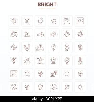 Comprehensive toolkit of 36 vector icons themed around Bright, developed in Strong Outline with 128x128 PIXEL perfect precision for versatile design a Stock Vector