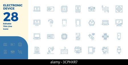Revolutionary set of 28 PIXEL perfect vector icons inspired by Electronic Device, created in Thin Line format at 128x128 resolution for cutting-edge d Stock Vector