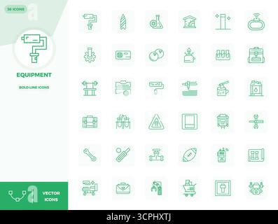 Explore 36 Bold Line PIXEL perfect vector icons in 128x128 resolution inspired by Equipment. Perfect for web and app interfaces. Stock Vector