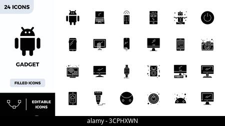 Future-ready pack of 24 vector icons themed around Gadget, showcasing Filled design with 128x128 PIXEL perfect clarity for innovative user interfaces. Stock Vector