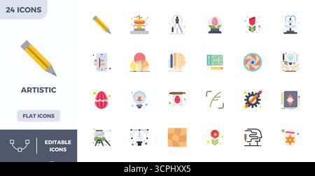 Comprehensive toolkit of 24 vector icons themed around Artistic, developed in Flat Color with 128x128 PIXEL perfect precision for versatile design app Stock Vector