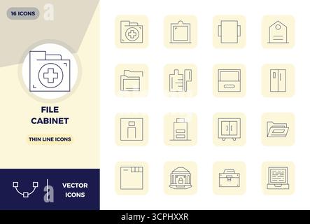 Explore 16 Thin Line PIXEL perfect vector icons in 128x128 resolution inspired by File Cabinet. Perfect for web and app interfaces. Stock Vector