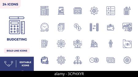 Artfully designed 24 Heavy Line PIXEL perfect vector icons for Budgeting, delivered in 128x128 format for consistent visual excellence. Stock Vector